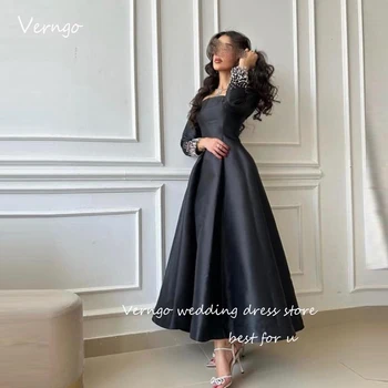 Verngo, черные вечерние платья из атласа трапециевидной формы, Саудовские Арабские женские платья с длинными рукавами, бусины, квадратный вырез, платья для выпускного вечера длиной до щиколоток