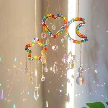 Хрустальный Ловец солнца в гостиной, украшенный разноцветными заостренными бусинами AB, Многоцветный Золотой круг, Пентаграмма, Лунная любовь