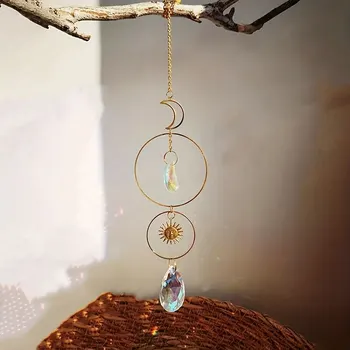 1 Шт., Двойная Круглая Подвеска с кристаллами Moon Sun, Изготовленная Из Металла + Высококачественного стекла, Подходит Для Украшения дома и сада.