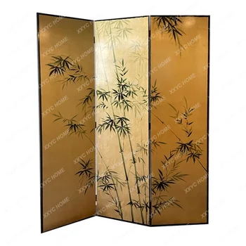 Чистый ручной рисунок, роспись золотой фольгой, напольная передвижная складная перегородка, деревянная доска, четыре бамбуковых экрана