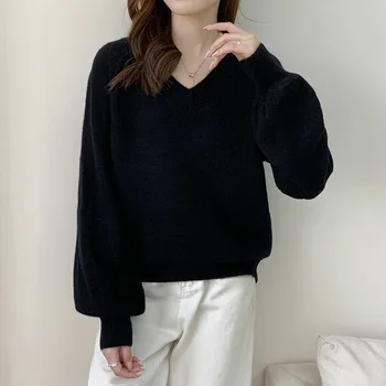 Новый пуловер с V-образным вырезом, свободный свитер для женщин, белый