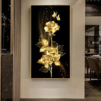 Абстрактные Золотые Листья Золотая Роза Бабочка Цветок Картина маслом на холсте Плакаты Принты Настенная художественная картина для декора гостиной