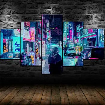 Неоновый ночной город, улица Японии, холст, настенный художественный плакат, домашний декор, HD-печать, фотографии без рамок, 5 штук, Картины, декор комнаты