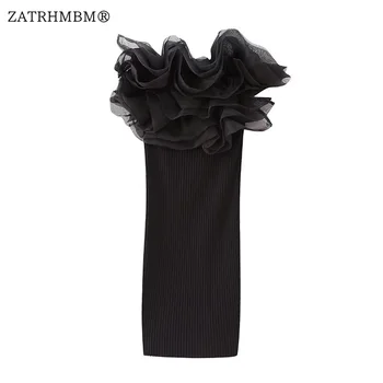 ZATRHMBM Женщины 2023 Лето Новая Мода Органза Вязаное Черное Платье В Рубчик Винтажные Женские Платья Без Бретелек Vestidos Mujer
