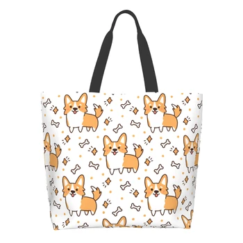 Сумка для покупок с милой собачкой корги многоразового использования, сумка-тоут с милым щенком, сумка через плечо с мультяшными животными, повседневная легкая сумка большой емкости