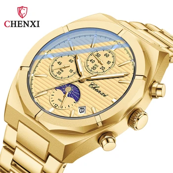 Оригинальные мужские часы CHENXI, водонепроницаемые часы с хронографом из нержавеющей стали, спортивные роскошные золотые часы, мужские часы со светящейся датой, подарок