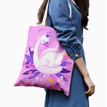 Модная женская сумка для покупок с 3D печатью и рисунком Лебедя, холщовая сумка Harajuku, сумка для покупок, женская сумка на молнии, Новинка