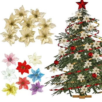 5ШТ рождественских цветочных головок, красочная блестящая пудра, Рождественский цветок для украшения елки Ноэль, Рождественские принадлежности для вечеринок Navidad