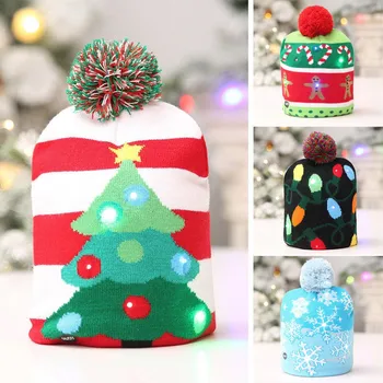 Рождественские шапки, свитер, вязаная шапка-бини из Санта-Лося со светодиодной подсветкой, мультяшный рисунок, Рождественский подарок для детей, Новогодние принадлежности