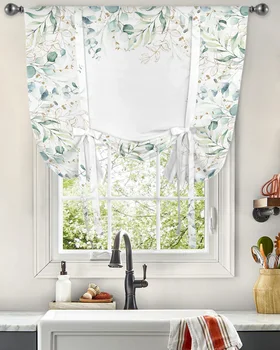 Акварель, зеленый лист, Абстрактное искусство, Оконные шторы, Подвязные шторы для кухни, гостиной, Регулируемый стержень, Карманные шторы