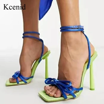 Kcenid Шелковые босоножки с квадратным носком в виде бабочки, женская мода, разноцветный ремешок с пряжкой на щиколотке, женские вечерние туфли на высоком каблуке