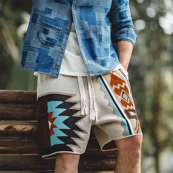 Трикотажные шорты мужские Винтажные спортивные шорты с геометрическим рисунком, летняя мужская мода, контрастная вышивка, повседневные капри свободного кроя.