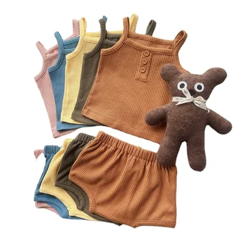 Комплекты летней детской одежды Слинг + шорты, однотонный хлопковый комплект, повседневная и удобная одежда для мальчиков и девочек, детская одежда