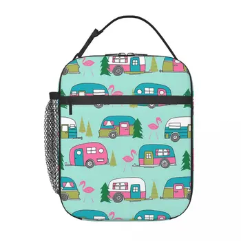 Студенческая школьная сумка для ланча Happy-Camper-Flamingos, Оксфордская сумка для ланча для офиса, путешествий, кемпинга, термоохладитель для ланча