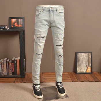Летние светло-голубые Рваные джинсы с заплатками, мужская уличная одежда, повседневные легкие винтажные джинсовые брюки Slim Fit