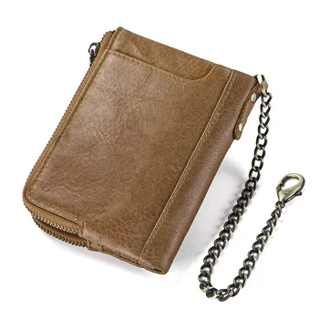 Мужской RFID-кошелек из натуральной кожи с противоугонной цепочкой, держатели для карт, мужской короткий кошелек для монет на двойной молнии, винтажный