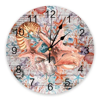 Настенные часы с морскими винтажными деревянными панелями в виде ракушек морских звезд, бесшумные цифровые часы для украшения дома, спальни, кухни, подвесные часы