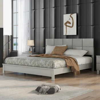 Кровать-платформа King Size цвета шампанского, серебристого цвета, каркас и ножки из цельного каучукового дерева, для мебели для спальни в помещении